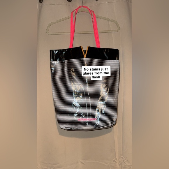 Victoria's Secret Handbags - Victoria's Secret Black & White Striped Tote with Pink Handles